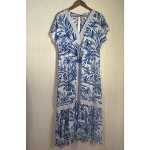 Blue Island Palm Print Cotton Tie Front Cover Up Blue White Short Sleeve Size M